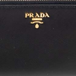 Pre Owned Prada Black Saffiano Leather Zip Around Continental Wallet