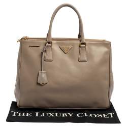 Pre Owned Prada Dark Beige Saffiano Lux Leather Large Double Zip Tote