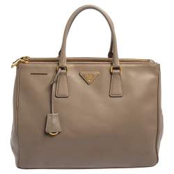 Pre Owned Prada Dark Beige Saffiano Lux Leather Large Double Zip Tote