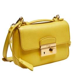 Pre Owned Prada Yellow Saffiano Leather Small Sound Flap Bag