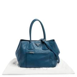 Pre Owned Prada Blue Vitello Daino Leather Front Pocket Wing Tote