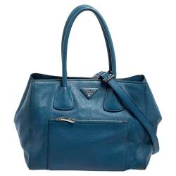Pre Owned Prada Blue Vitello Daino Leather Front Pocket Wing Tote