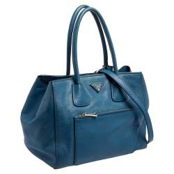 Pre Owned Prada Blue Vitello Daino Leather Front Pocket Wing Tote