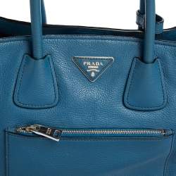 Pre Owned Prada Blue Vitello Daino Leather Front Pocket Wing Tote