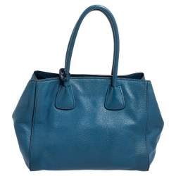 Pre Owned Prada Blue Vitello Daino Leather Front Pocket Wing Tote