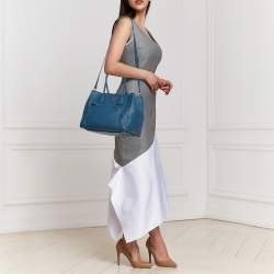 Pre Owned Prada Blue Vitello Daino Leather Front Pocket Wing Tote