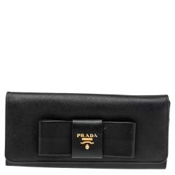 Pre Owned Prada Black Saffiano Leather Bow Continental Wallet