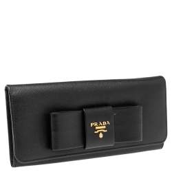 Pre Owned Prada Black Saffiano Leather Bow Continental Wallet