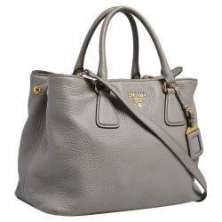 Pre Owned Prada Grey Vitello Daino Leather Middle Zip Tote