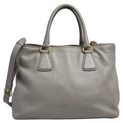 Pre Owned Prada Grey Vitello Daino Leather Middle Zip Tote