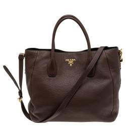 Pre Owned Prada Dark Brown Vitello Daino Leather Shopper Tote