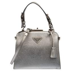 Pre Owned حقيبة يد علوية برادا إطار جلد سافيانو فضي