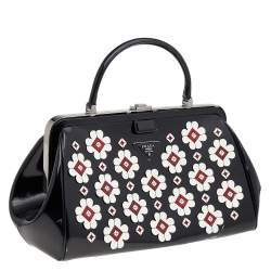 Pre Owned Prada Black Patent Leather Floral Hinge Top Handle Bag