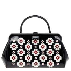 Pre Owned Prada Black Patent Leather Floral Hinge Top Handle Bag