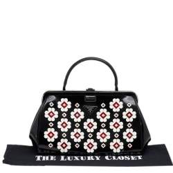 Pre Owned Prada Black Patent Leather Floral Hinge Top Handle Bag