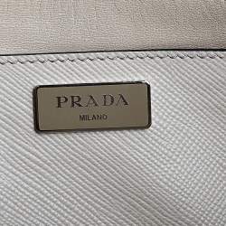 Pre Owned Prada Off White Saffiano Cuir Leather Medium Turnlock Twin Tote