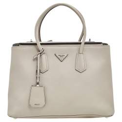Pre Owned Prada Off White Saffiano Cuir Leather Medium Turnlock Twin Tote