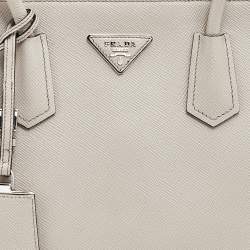 Pre Owned Prada Off White Saffiano Cuir Leather Medium Turnlock Twin Tote