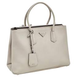 Pre Owned Prada Off White Saffiano Cuir Leather Medium Turnlock Twin Tote