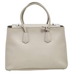 Pre Owned Prada Off White Saffiano Cuir Leather Medium Turnlock Twin Tote