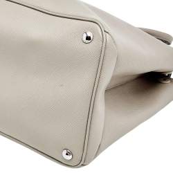 Pre Owned Prada Off White Saffiano Cuir Leather Medium Turnlock Twin Tote