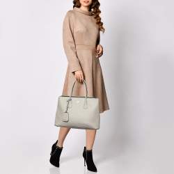 Pre Owned Prada Off White Saffiano Cuir Leather Medium Turnlock Twin Tote