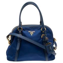Pre Owned Prada Blue Nylon And Leather Zip Dome Satchel