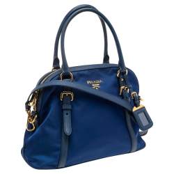 Pre Owned Prada Blue Nylon And Leather Zip Dome Satchel