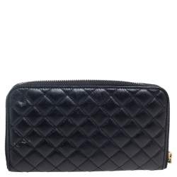 Pre Owned Prada Black Quilted Saffiano Metal Leather Zip Around Continental Wallet