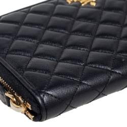 Pre Owned Prada Black Quilted Saffiano Metal Leather Zip Around Continental Wallet