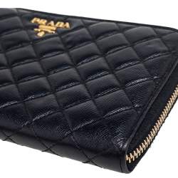 Pre Owned Prada Black Quilted Saffiano Metal Leather Zip Around Continental Wallet