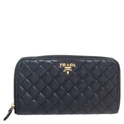 Pre Owned Prada Black Quilted Saffiano Metal Leather Zip Around Continental Wallet