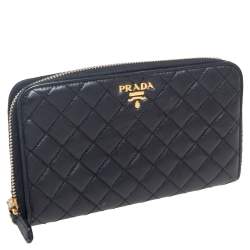 Pre Owned Prada Black Quilted Saffiano Metal Leather Zip Around Continental Wallet