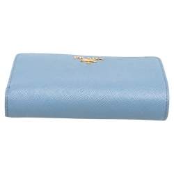 Pre Owned Prada Light Blue Saffiano Lux Leather Flap French Wallet 