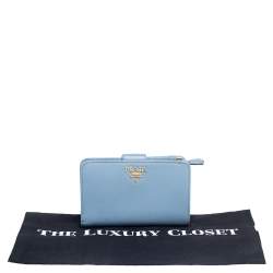 Pre Owned Prada Light Blue Saffiano Lux Leather Flap French Wallet 