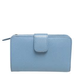 Pre Owned Prada Light Blue Saffiano Lux Leather Flap French Wallet 