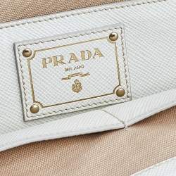 Pre Owned Prada Brown/White Canvas And Saffiano Leather Trimmed Satchel