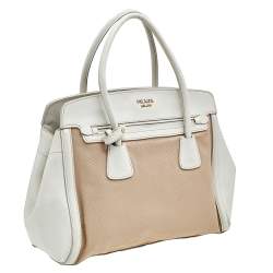 Pre Owned Prada Brown/White Canvas And Saffiano Leather Trimmed Satchel