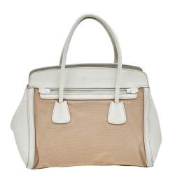 Pre Owned Prada Brown/White Canvas And Saffiano Leather Trimmed Satchel