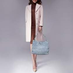 Pre Owned Prada Light Blue Gaufre Leather Hobo