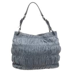 Pre Owned Prada Light Blue Gaufre Leather Hobo