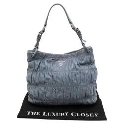 Pre Owned Prada Light Blue Gaufre Leather Hobo