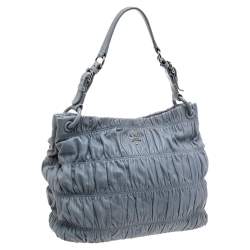 Pre Owned Prada Light Blue Gaufre Leather Hobo