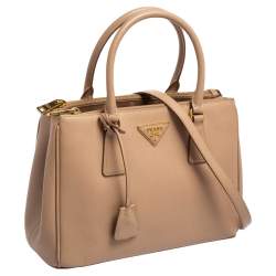 Pre Owned Prada Beige Saffiano Lux Leather Small Double Zip Galleria Tote