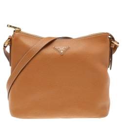 Pre Owned Prada Tan Vitello Leather Top Zip Shoulder Bag