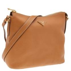 Pre Owned Prada Tan Vitello Leather Top Zip Shoulder Bag