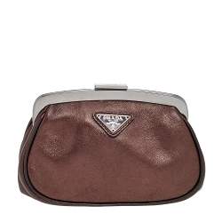 Pre Owned Prada Metallic Brown Leather Logo Plaque Coin Purse