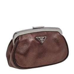 Pre Owned Prada Metallic Brown Leather Logo Plaque Coin Purse