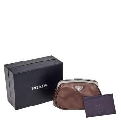 Pre Owned Prada Metallic Brown Leather Logo Plaque Coin Purse