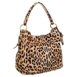 Pre Owned Prada Tan/Black Leopard Print Calfhair Snap Hobo